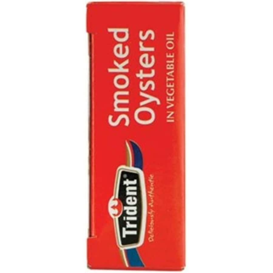 Whole smoked oysters in vegetable oil, offering savory flavors, perfect for snacks or antipasto platters.