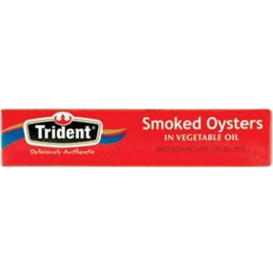 Canned Trident Oysters Whole Smoked in Vegetable Oil, offering rich flavor and versatility for gourmet snacks and platters.