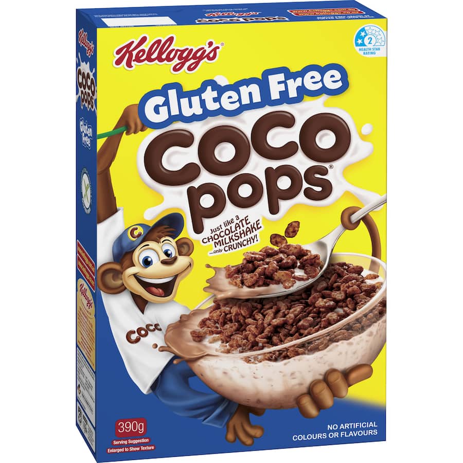 A box of Kelloggs Coco Pops Cereal Gluten Free, featuring crunchy cocoa-flavored rice grains, perfect for breakfast or snacks.