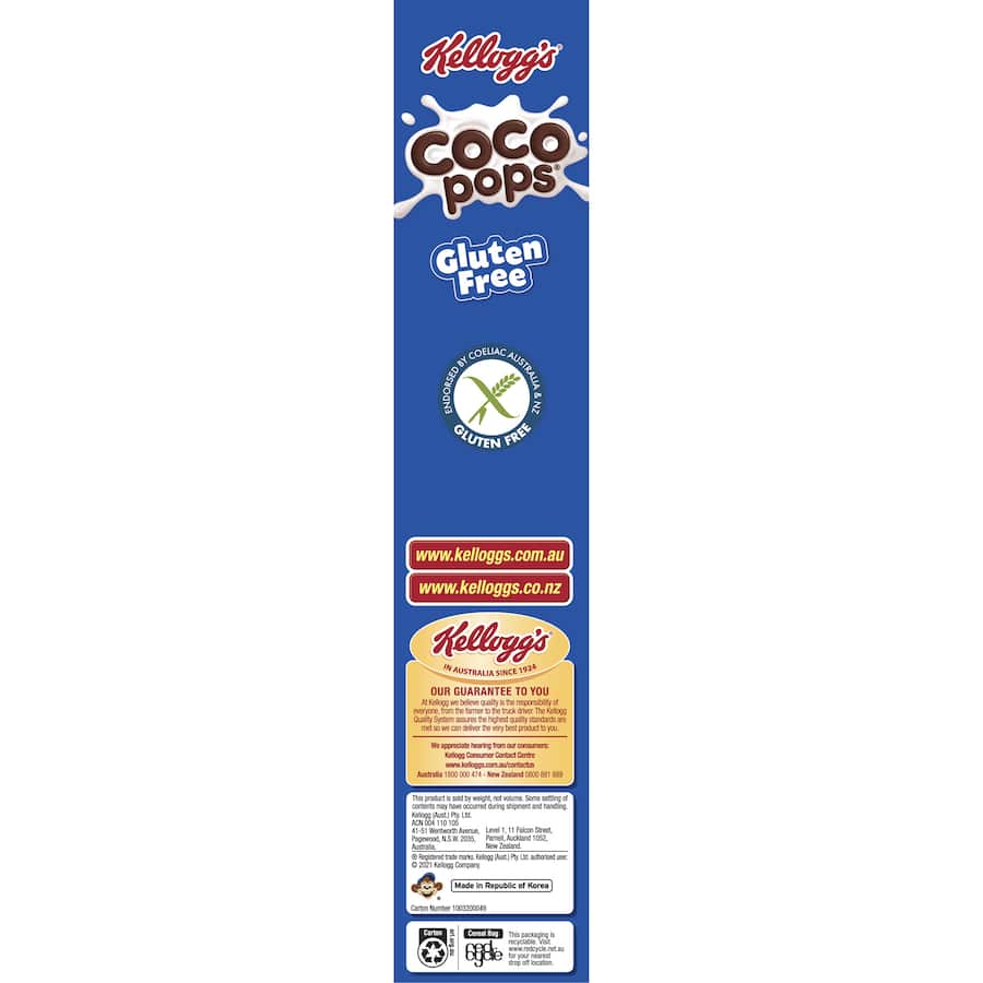 Bowl of gluten-free Kelloggs Coco Pops cereal with cocoa flavor, perfect for a nutritious chocolatey breakfast.
