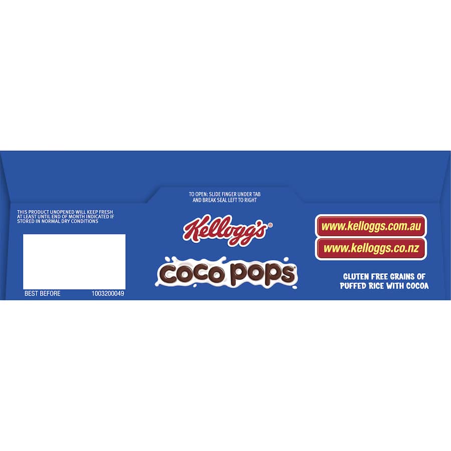 Kelloggs Coco Pops Cereal Gluten Free, crunchy cocoa-flavored rice cereal suitable for gluten-sensitive diets.