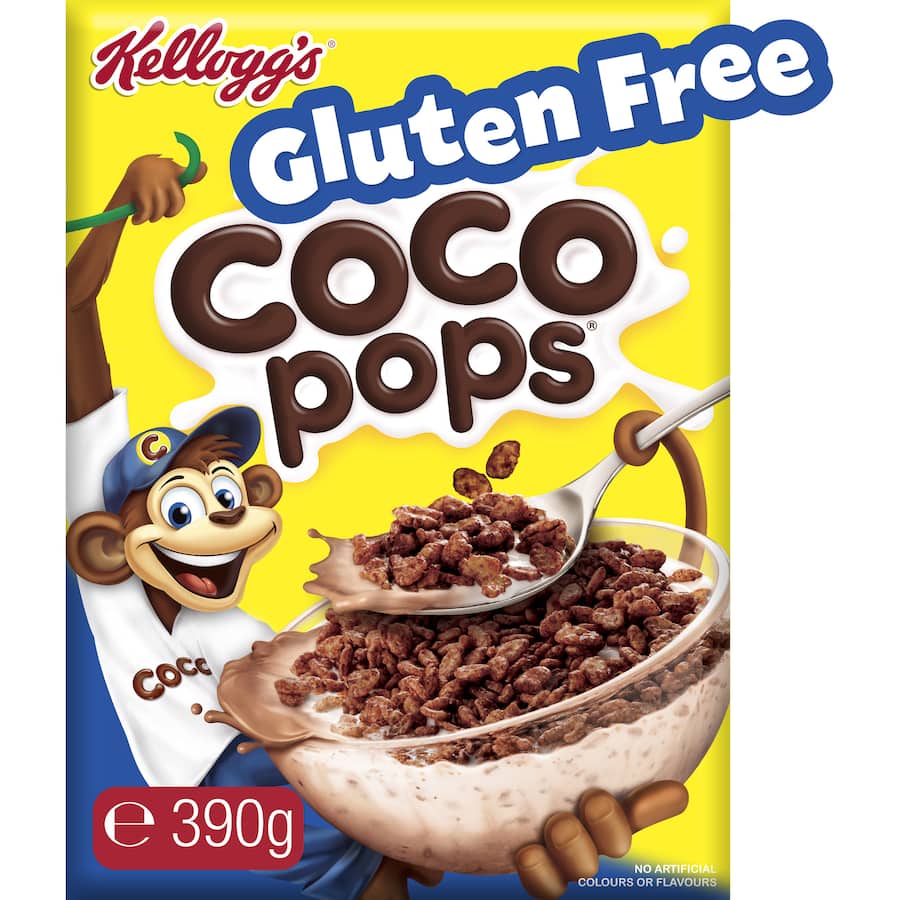 Kelloggs Coco Pops Cereal Gluten Free: Crunchy chocolate-flavored cereal made with whole grain rice, perfect for all ages.