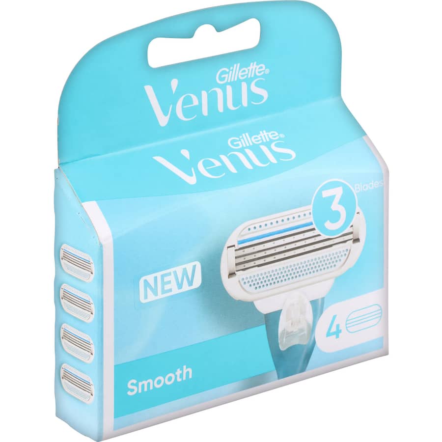 Gillette Venus Smooth Razor Blades with 3 curve-hugging blades and comfort cushions for a gentle, effective shave.