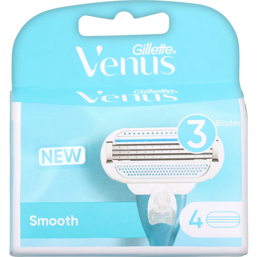 Gillette Venus Smooth Razor Blades with 3 curve-hugging blades and comfort cushions for a gentle, effective shave.