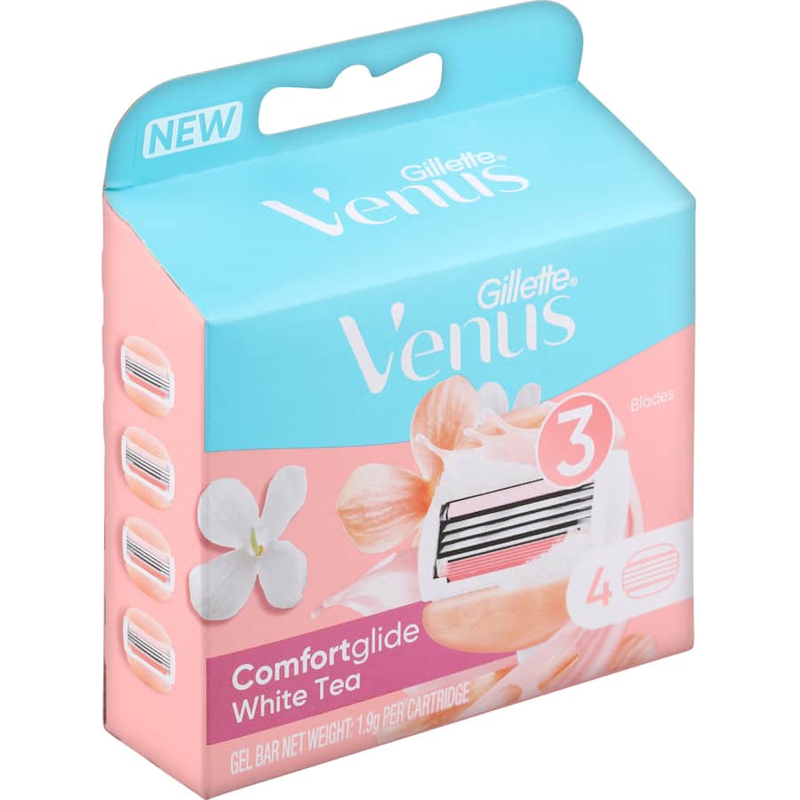 Gillette Venus Comfortglide Razor Blades with White Tea, featuring three precision blades and flexible gel bars for a smooth shave.