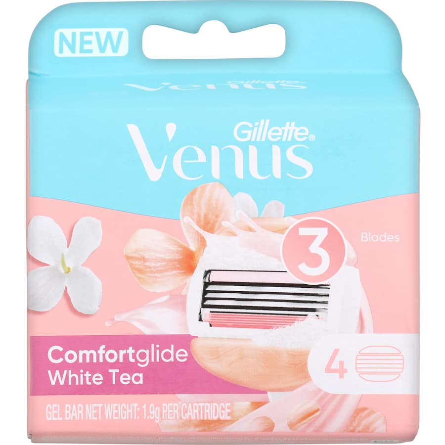 Gillette Venus Comfortglide Razor Blades in White Tea, featuring curve-hugging blades and gel bars for a smooth, soothing shave.
