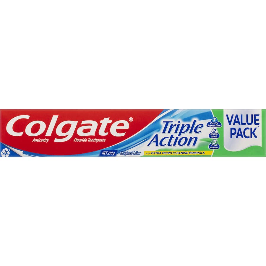 Colgate Triple Action Toothpaste Original Mint Value Pack offers cavity protection, whitening, and breath freshness in a recyclable tube.