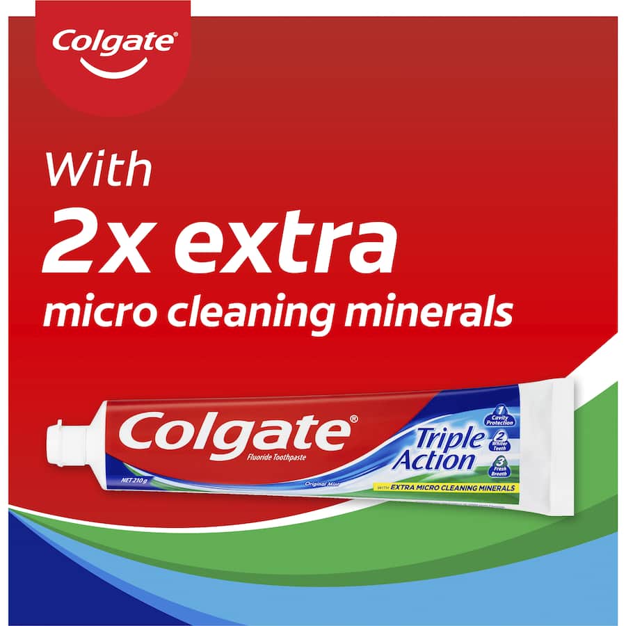 Colgate Triple Action Toothpaste in Original Mint for cavity protection, whitening, and fresh breath, now in a value pack.