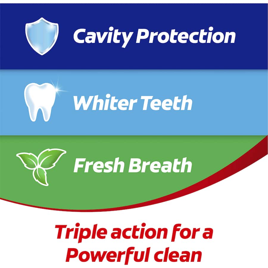 Colgate Triple Action Toothpaste value pack in mint, featuring cavity protection, whitening, and fresh breath for family dental care.