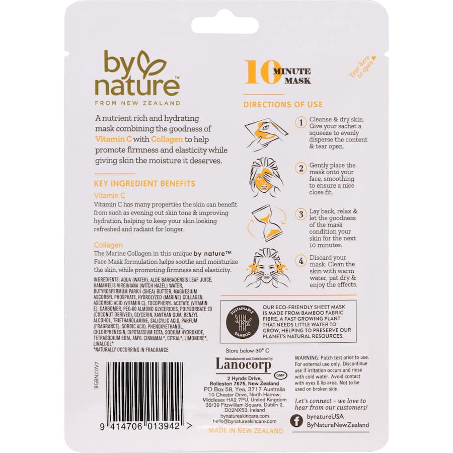 Brightening face mask infused with Vitamin C and Collagen for youthful, hydrated skin and enhanced elasticity.