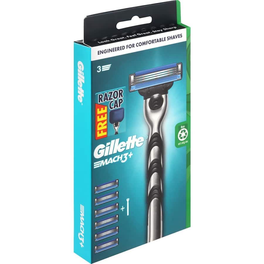 Gillette Mach3+ Razor Handle and 6 Cartridges for a superior, comfortable shave with ergonomic grip and ultra-thin blades.