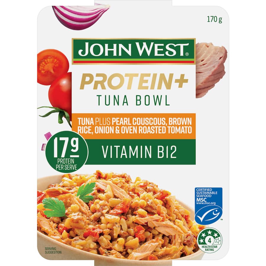 John West Protein+ Tuna in Roasted Tomato & Onion, high-protein meal choice for quick salads, sandwiches, and snacks.