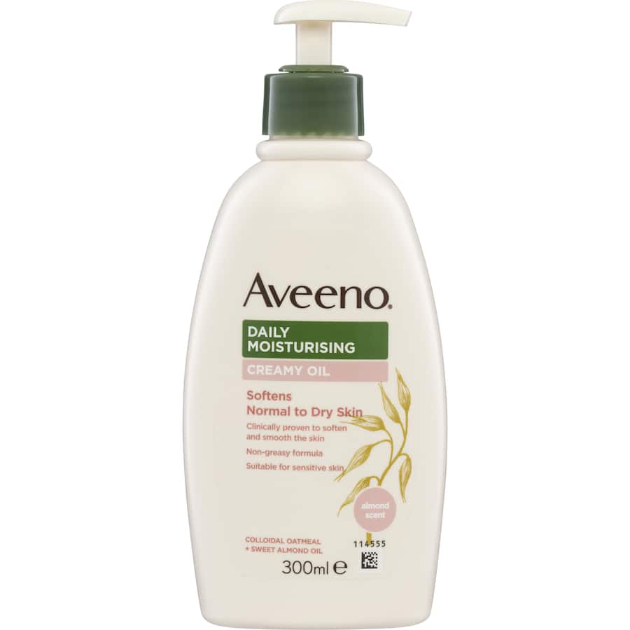 Aveeno Daily Moisturising Creamy Oil: Non-greasy formula with sweet almond oil for 24-hour hydration and soft, resilient skin.