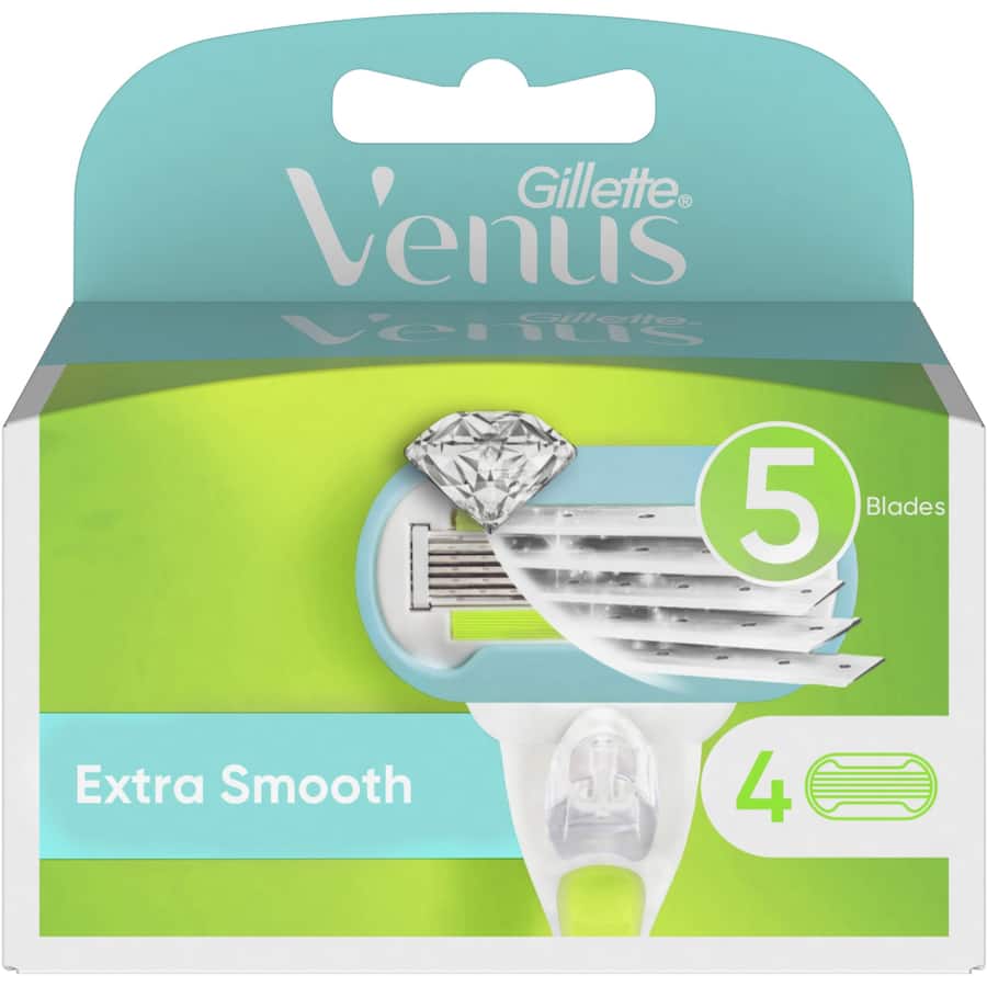 Gillette Venus Extra Smooth Razor Blades with 5 diamond-like blades for a close, comfortable shave, designed for women's curves.