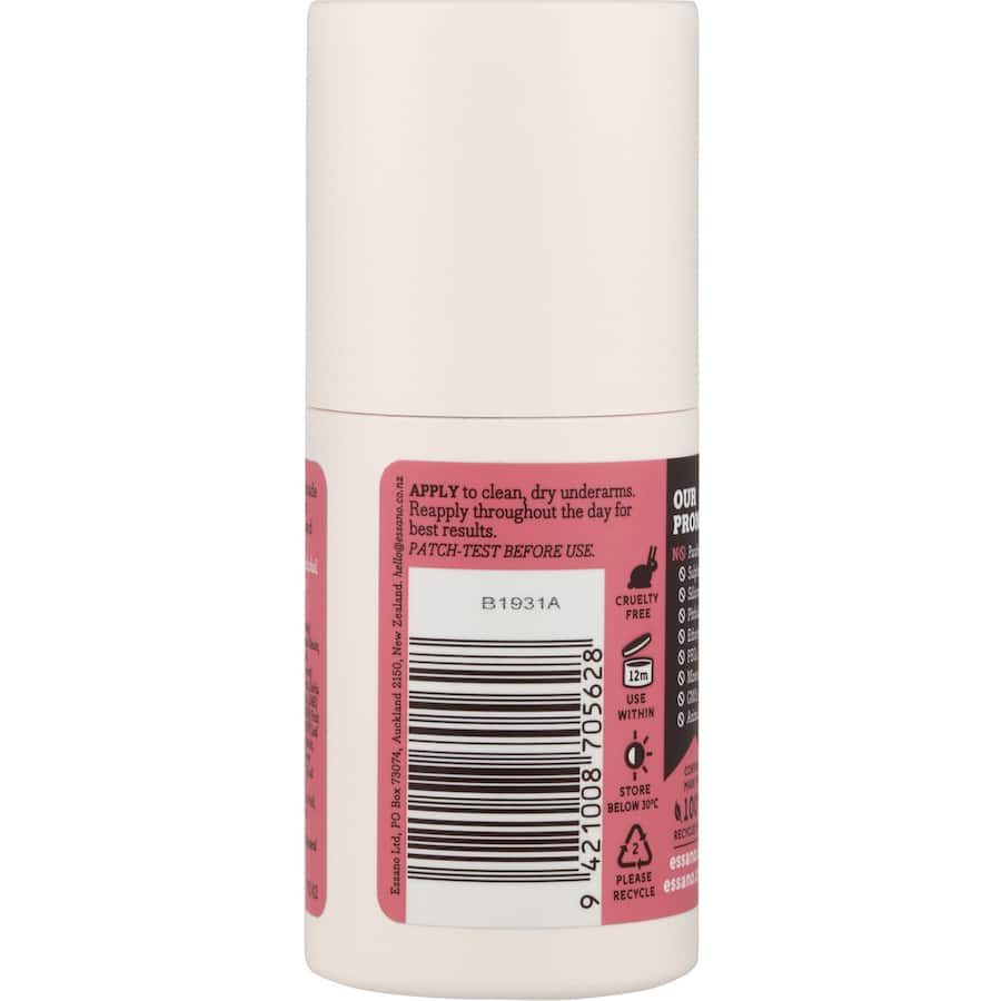 Essano Roll On Deodorant in Rose & Jasmine offers natural odor protection with a floral scent, free from aluminum and alcohol.
