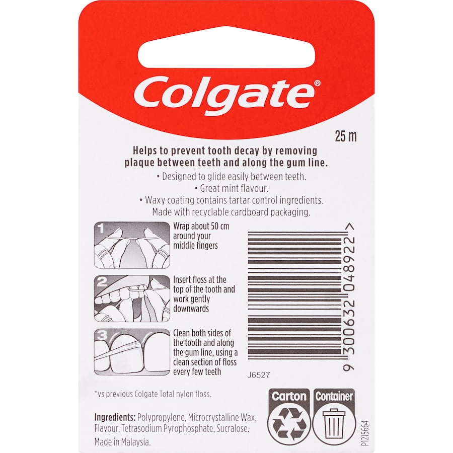 Colgate Total Dental Floss Tartar Control: mint-flavored floss that slides easily for effective plaque removal and gum health.