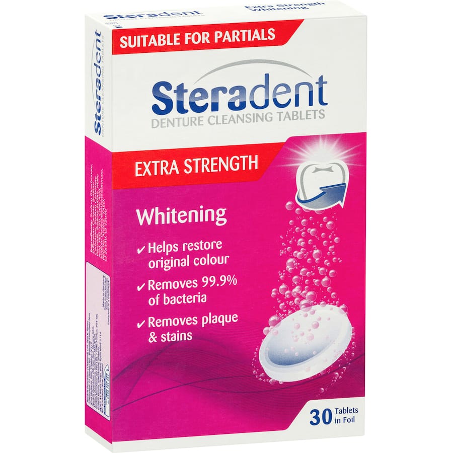 Steradent Extra Strength Whitening tablets ensure bright, hygienic dentures by removing stains and 99.9% of bacteria in 15 minutes.