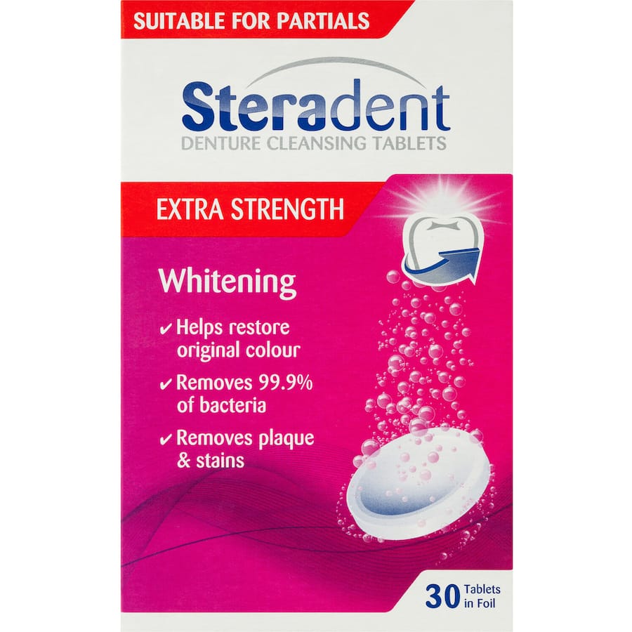 Steradent Extra Strength Whitening tablets for cleaning dentures, removing stains, and eliminating 99.9% of bacteria in 15 minutes.