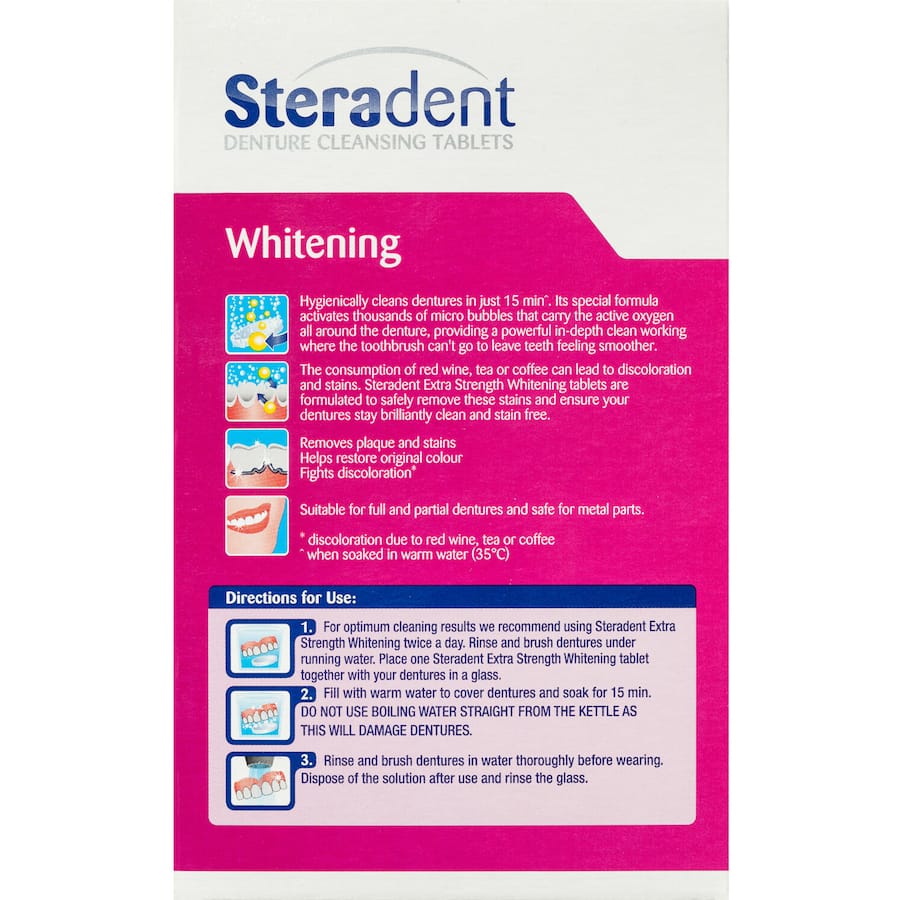 Steradent Extra Strength Whitening tablets in packaging, designed to remove stains and bacteria from dentures effectively.