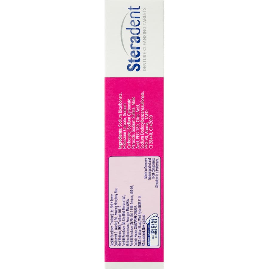 Steradent Extra Strength Whitening tablets for dentures, removing stains, plaque, and 99.9% of bacteria in 15 minutes.