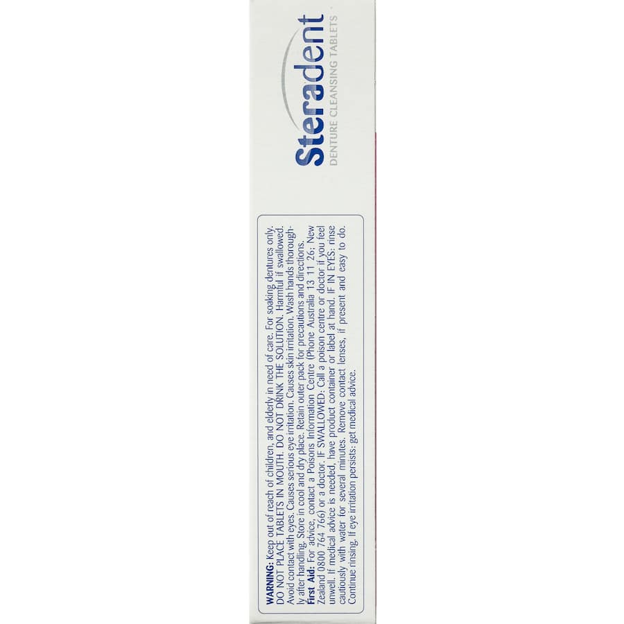 Steradent Extra Strength Whitening tablets for effective denture cleaning, stain removal, and brightening in just 15 minutes.