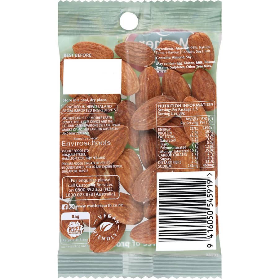 Crunchy tamari almonds from Mother Earth, a gluten-free, protein-packed snack with rich umami flavor.