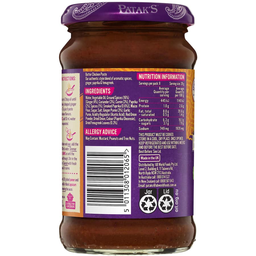 Pataks Curry Paste Butter Chicken Mild Jar 312g