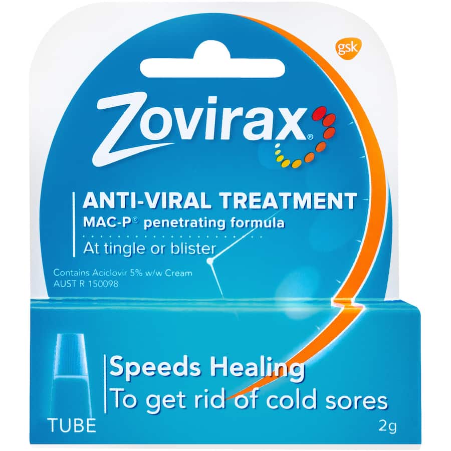 Zovirax Cold Sore Treatment Cream features a fast-absorbing formula with aciclovir 5% for quick relief from cold sores.