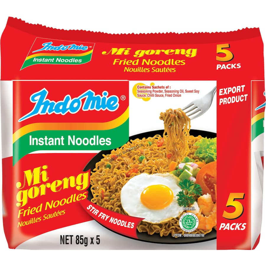 Indomie Instant Noodles Mi Goreng multi-pack, featuring savory flavors and quick preparation in just 3 minutes.