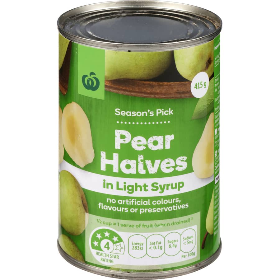 Woolworths Pears Halves in Light Syrup, sweet and seedless, ideal for snacks, salads, and desserts, a wholesome pantry staple.