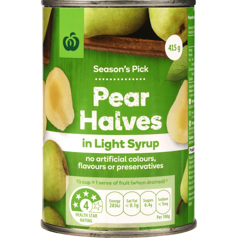 Woolworths Pears Halves in Light Syrup, sweet and seedless, perfect for snacks, salads, or desserts.