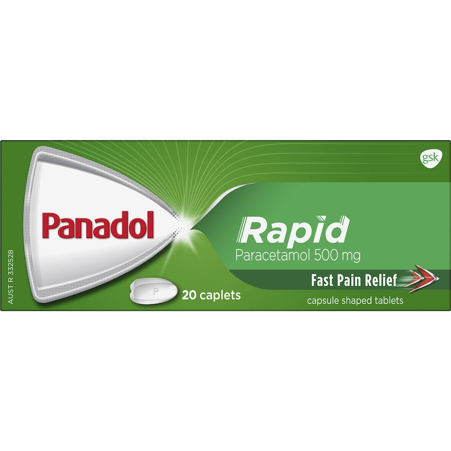 Panadol Rapid 500mg caplets for fast relief from headaches, muscular aches, and fever reduction.