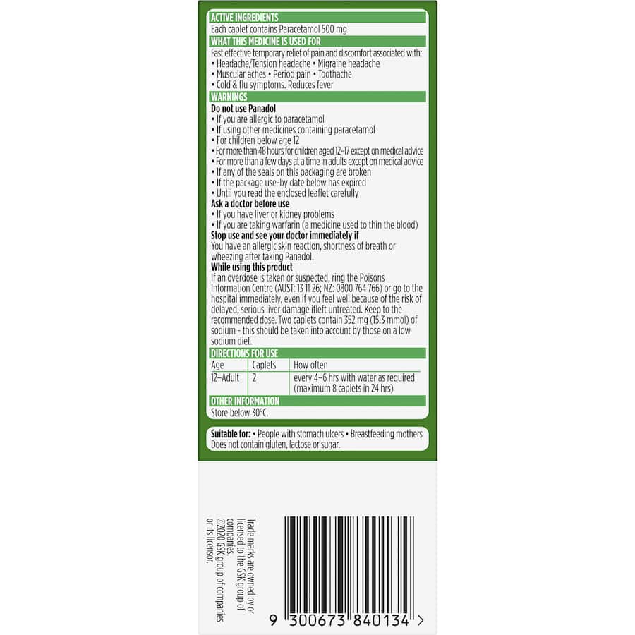 Panadol Rapid 500mg caplets for fast pain relief from headaches, muscular aches, and flu symptoms, absorbed twice as fast.