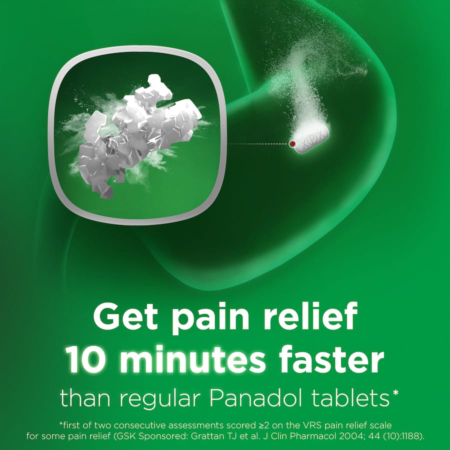 Panadol Rapid 500mg caplets for fast relief from headaches, muscular pain, and fever, absorbed twice as fast as regular tablets.