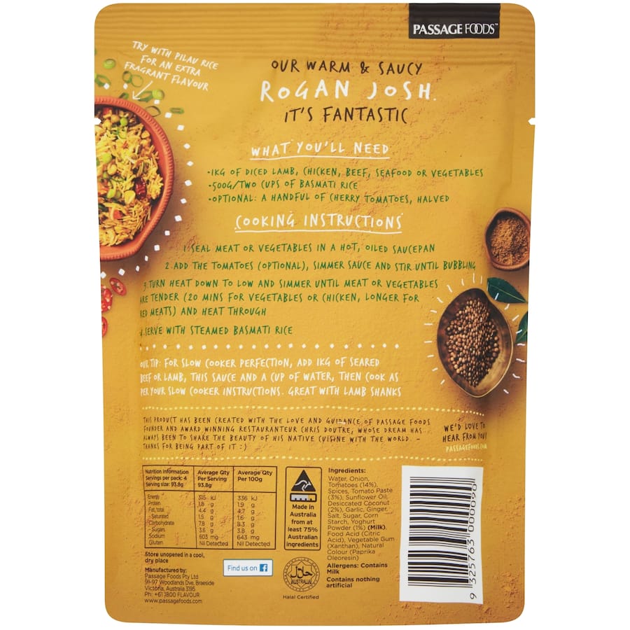 Jar of Passage To India Rogan Josh Sauce, featuring a rich blend of spices, coconut, and yogurt, perfect for flavorful Indian meals.