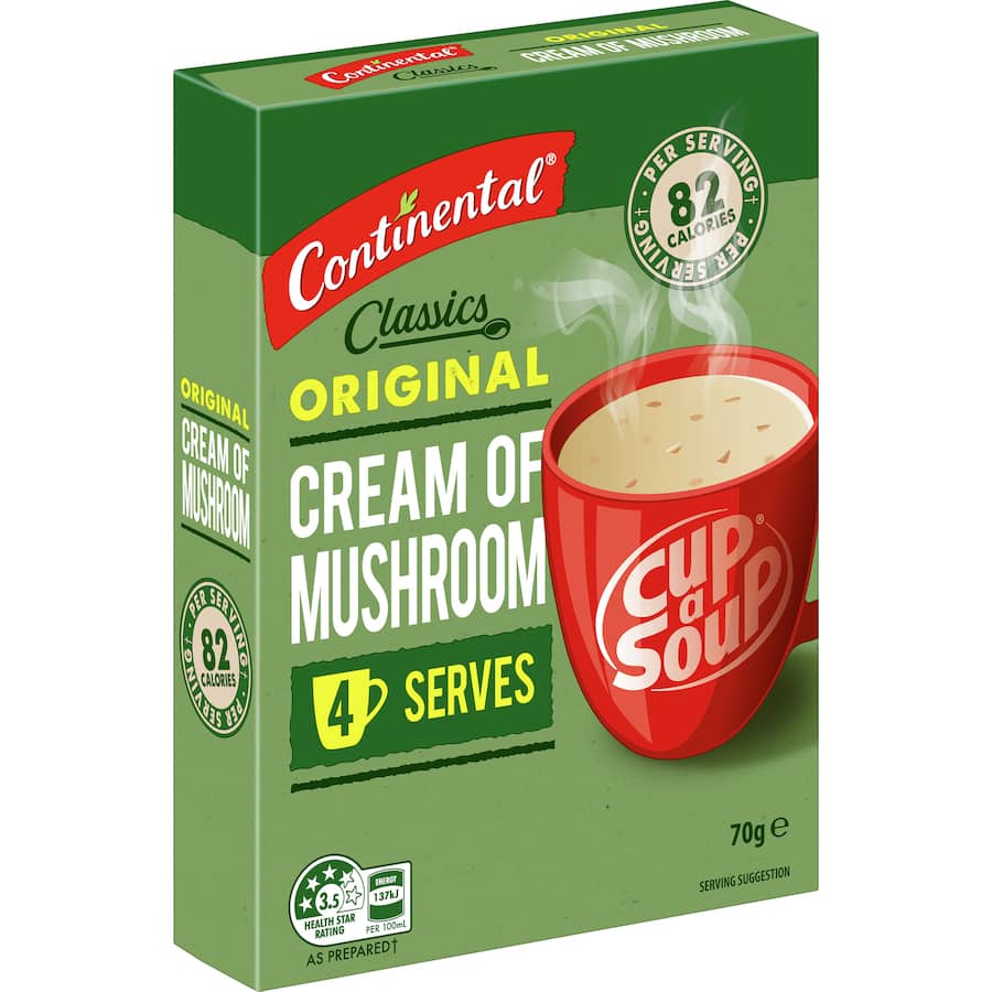 A warm bowl of Continental Classics Original Cream of Mushroom Soup, perfect for a quick, low-calorie snack or meal.