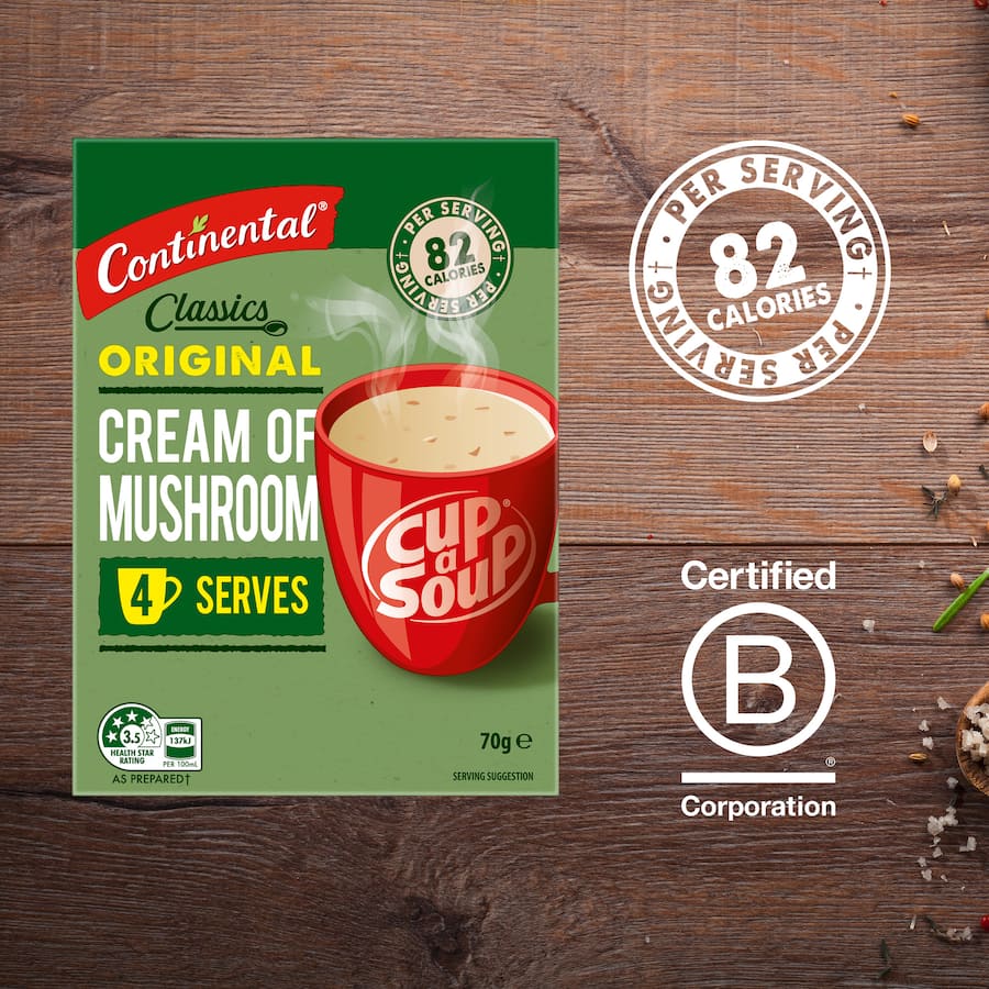 Creamy Continental Classics Cup A Soup Original Cream Of Mushroom, low-calorie snack with rich flavor, easy to prepare.