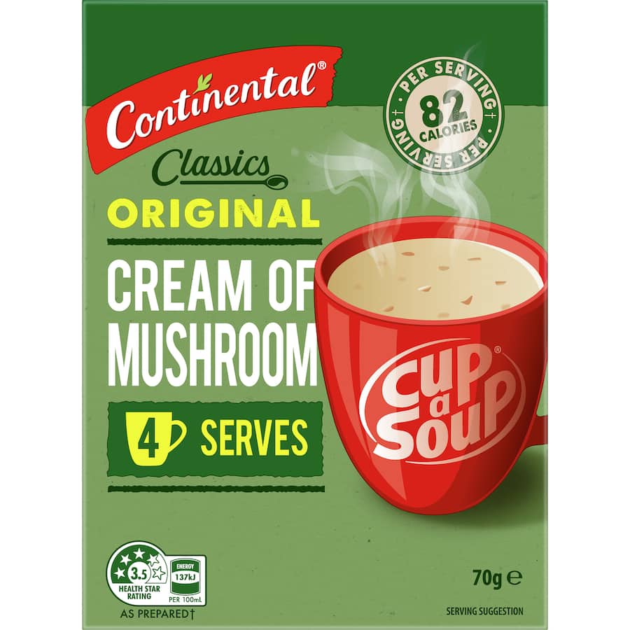 Creamy Continental Classics Original Cream Of Mushroom Soup, low-calorie, easy to prepare, perfect for snacks or meals.
