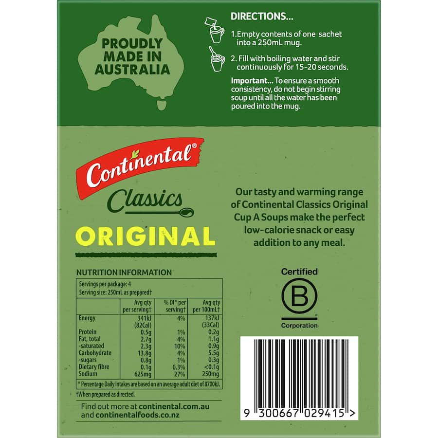 Rich and creamy Continental Classics Original Cream Of Mushroom Soup, just add boiling water for a quick, delicious snack.