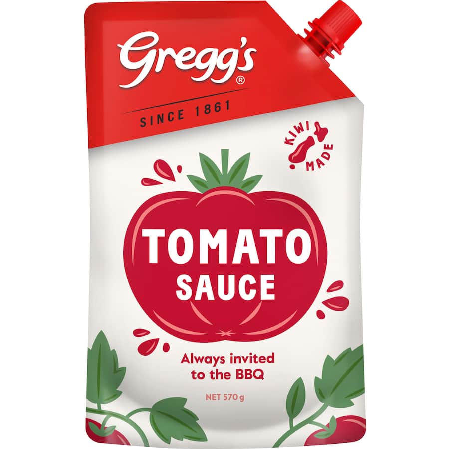 Greggs Tomato Sauce in a squeeze bottle, vibrant red, gluten-free, perfect for pizzas, pasta, and burgers.