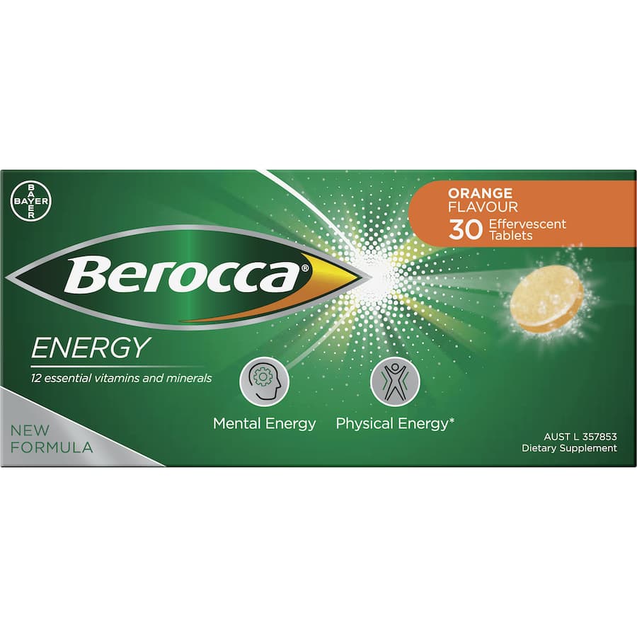 Berocca Energy Effervescent Tablets in orange, packed with vitamins and minerals for an energy boost and wellness support.