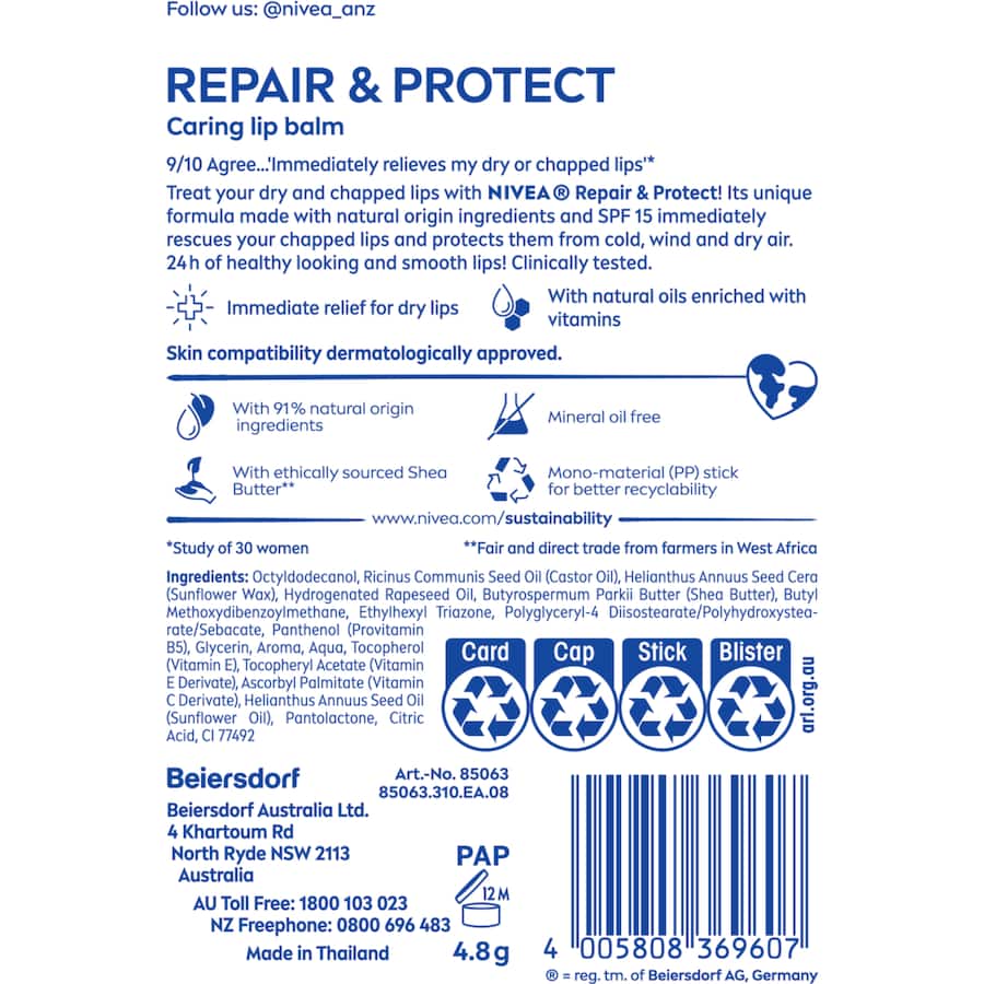 Nivea Lip Care Lip Balm Repair 4.8g Stick 1pack