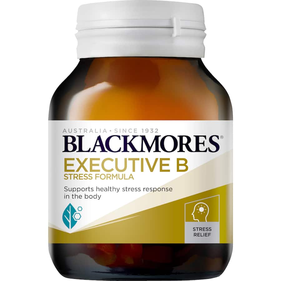 Blackmores Executive B Stress Formula bottle, designed to support stress management with B vitamins and magnesium for vitality.