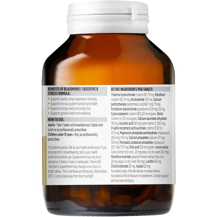 Blackmores Executive B Stress Formula bottle, featuring B vitamins and magnesium for stress management and energy support.