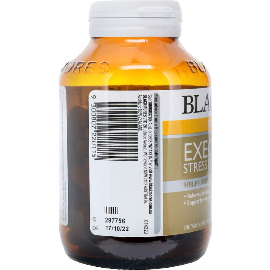 Blackmores Executive B Stress Formula bottle, a dietary supplement with B vitamins and magnesium for stress management and energy support.