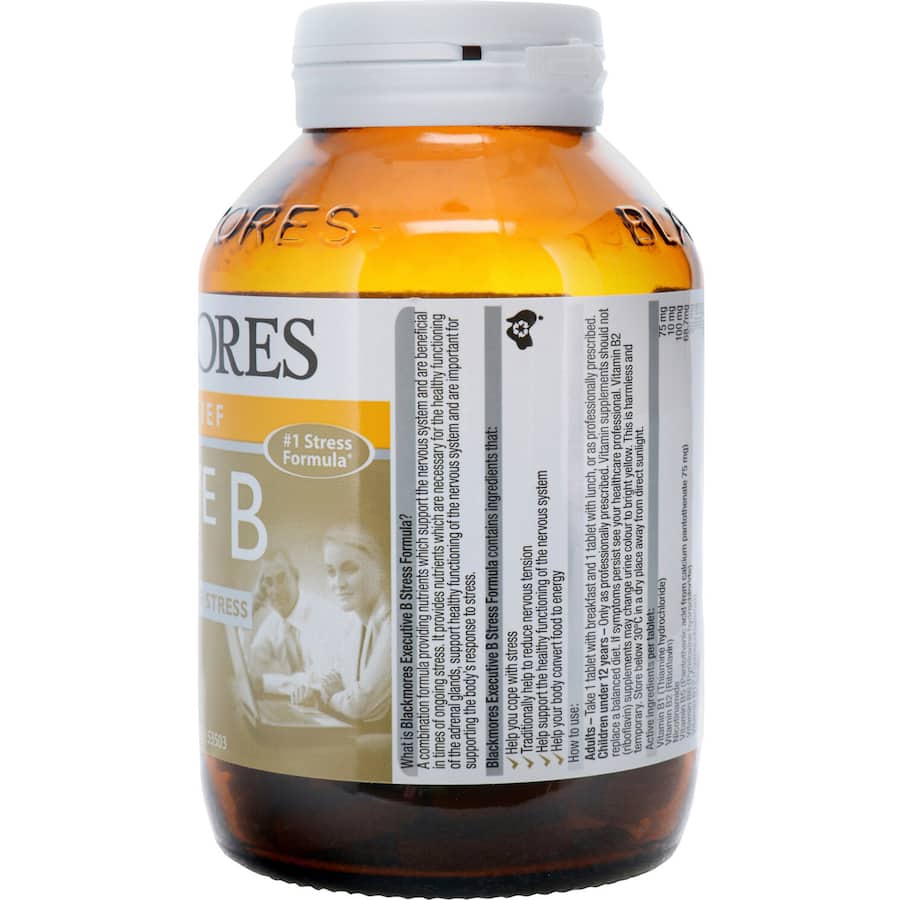 Blackmores Executive B Stress Formula bottle featuring B vitamins and magnesium for managing stress and boosting wellbeing.
