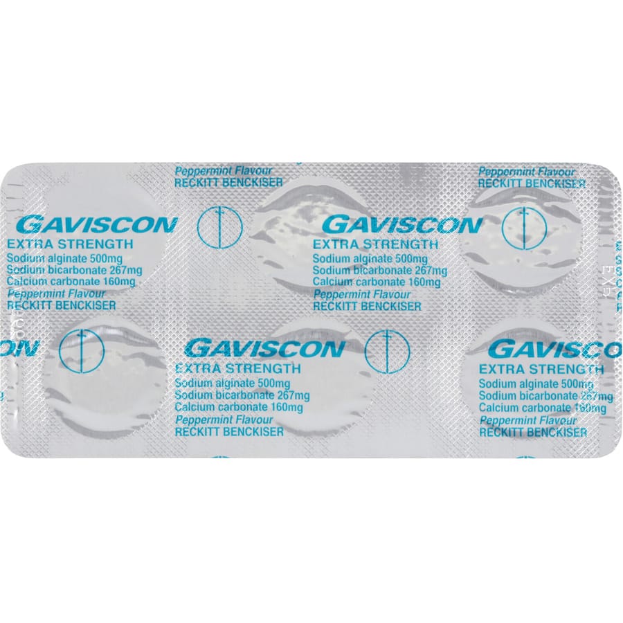 Gaviscon Extra Strength Peppermint Tablets offer fast relief from heartburn and indigestion with double the sodium alginate strength.