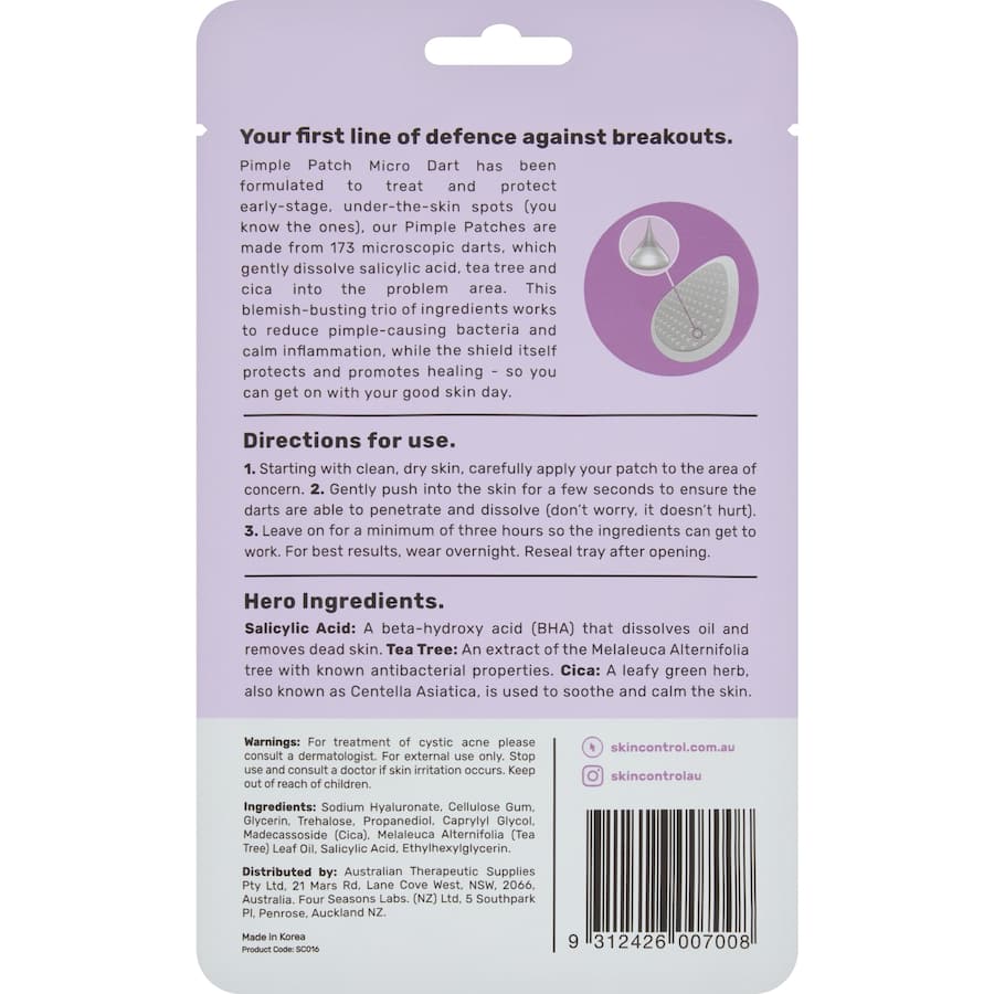 Micro dart pimple patch with salicylic acid, tea tree oil, and cica for effective breakout treatment and skin healing.
