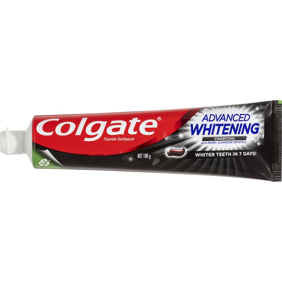 Colgate Advanced Whitening Charcoal Toothpaste in a recyclable tube, brightens teeth and freshens breath using charcoal powder.