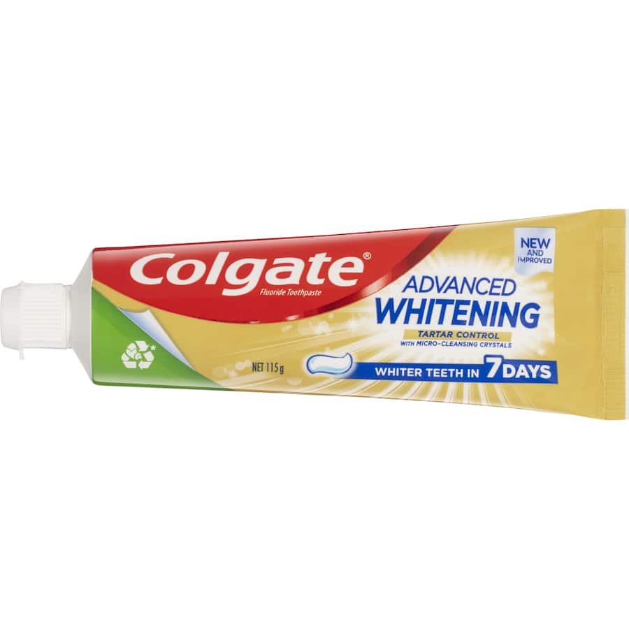 Colgate Advanced Whitening Toothpaste with Tartar Control fights stains, combats plaque, and freshens breath for a brighter smile.